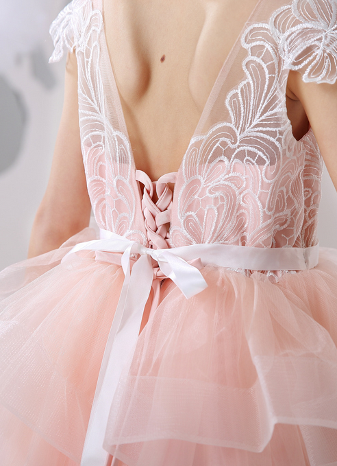 Pink flower girls V-neck lace embroidery princess gown, Girls evening gown