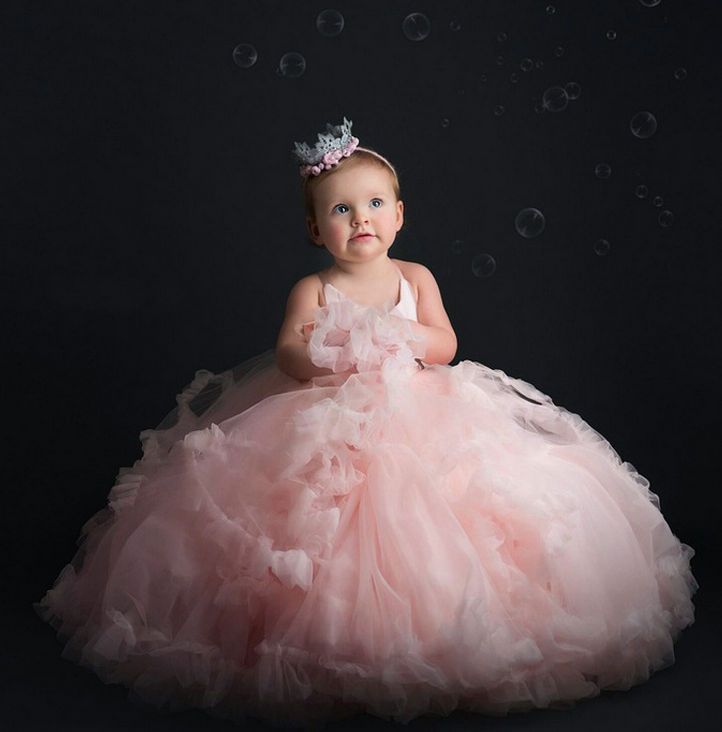 Ruffled fluffy V-neck blush pink girl gown dress, Princess birthday pageant dress