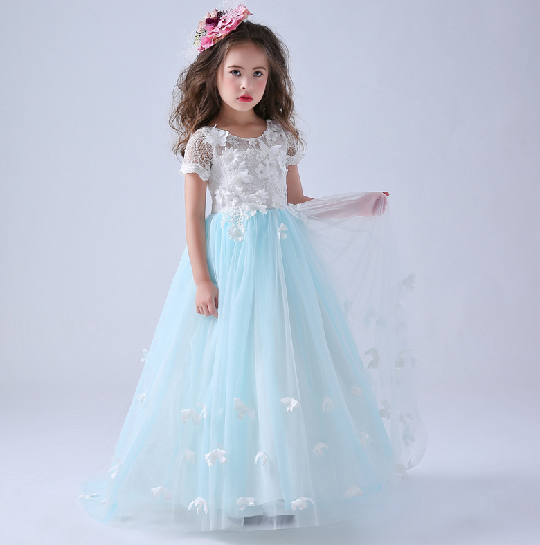 3D white butterflies embroidery blue tulles gown dress