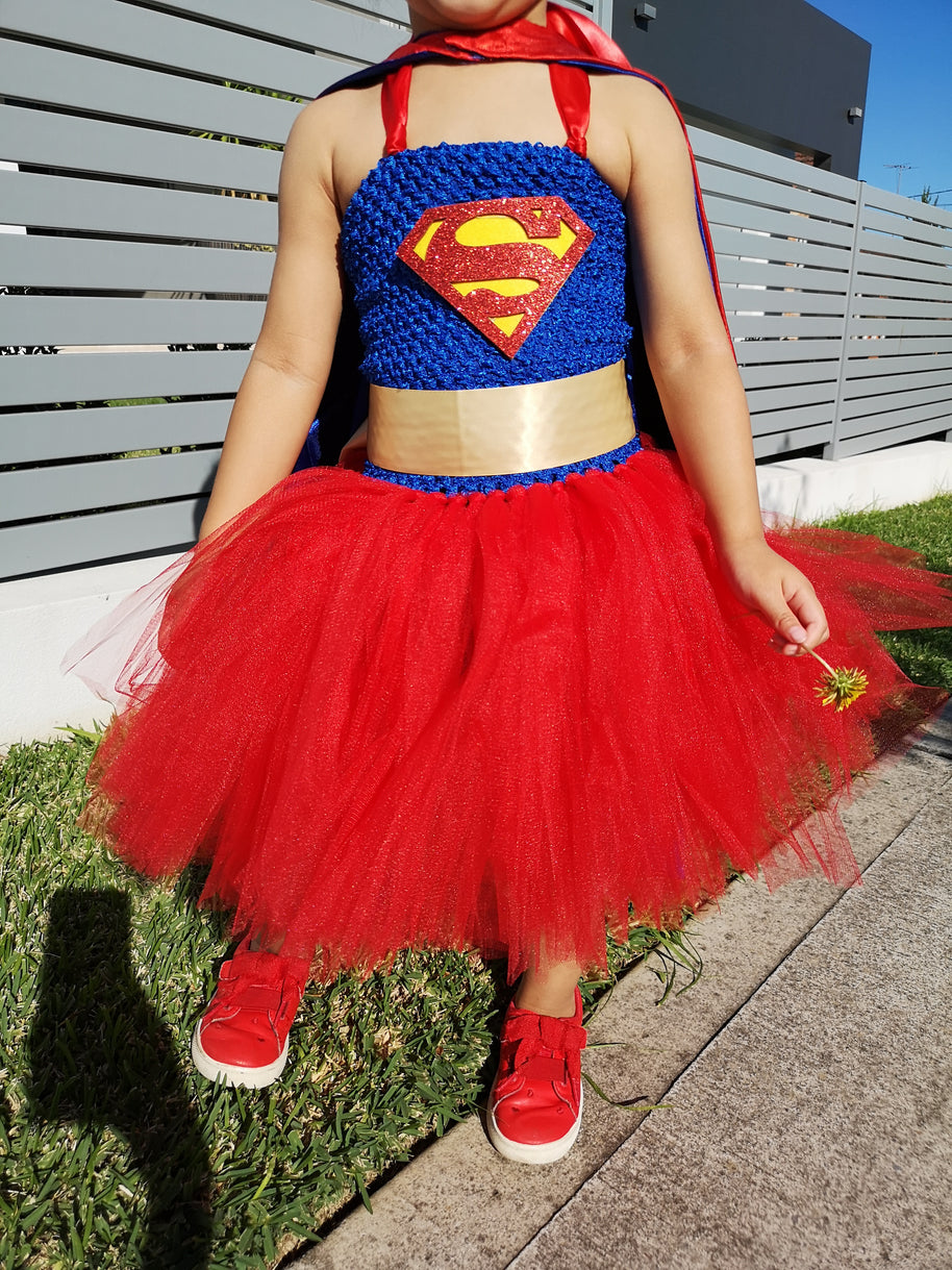 Girls Supergirl Costume Tutu Dress, Superhero themed Birthday Party Outfit