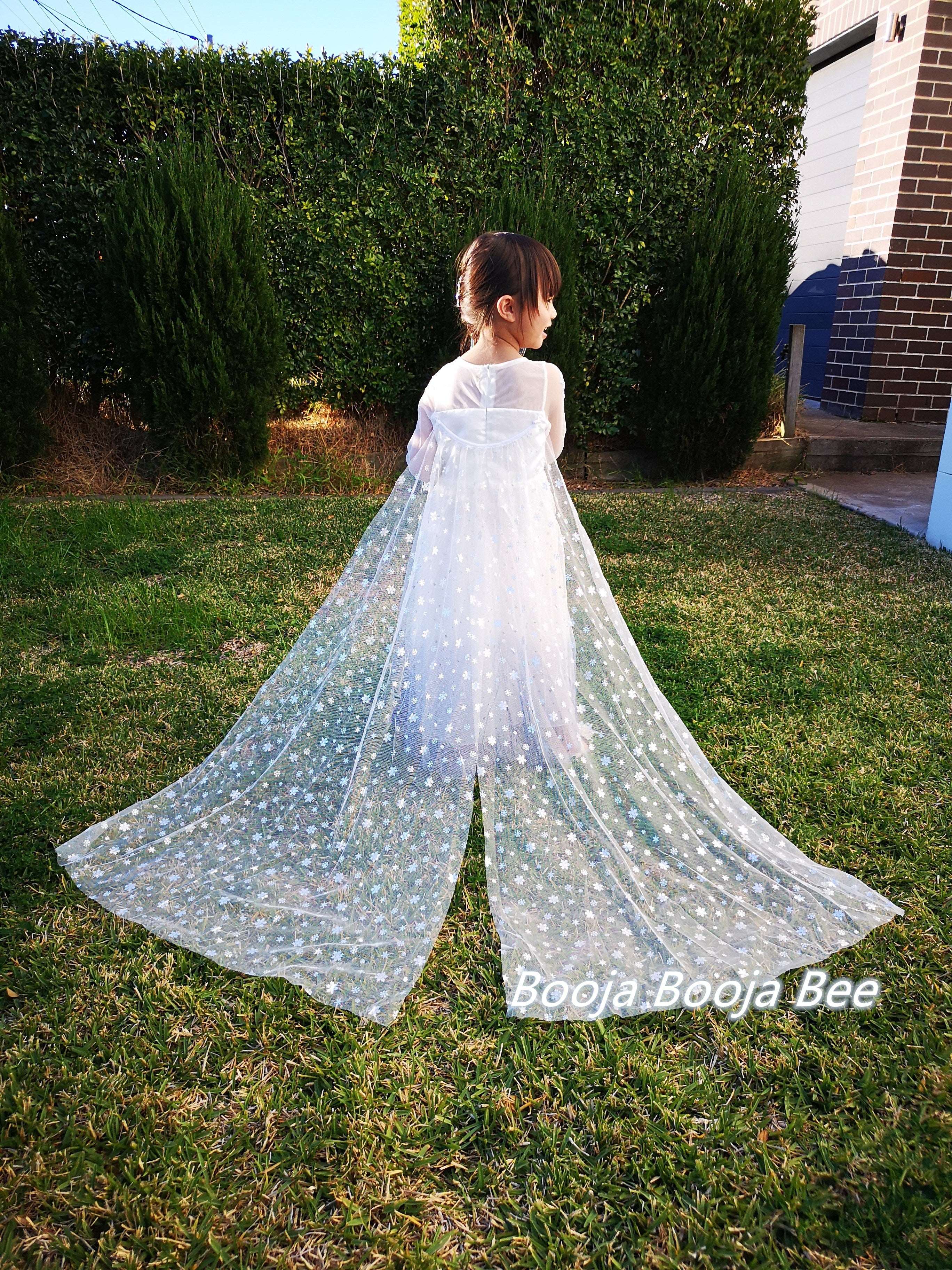 Frozen Elsa white long sleeves costume dress, Princess snowflakes cape themed birthday party