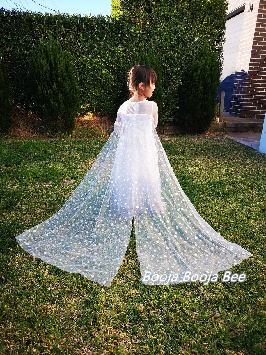 Frozen Elsa white long sleeves costume dress, Princess snowflakes cape themed birthday party