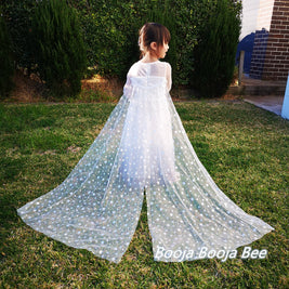 Frozen Elsa white long sleeves costume dress, Princess snowflakes cape themed birthday party