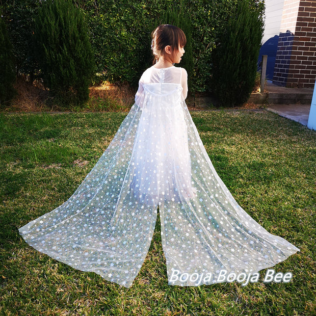 Frozen Elsa white long sleeves costume dress, Princess snowflakes cape themed birthday party