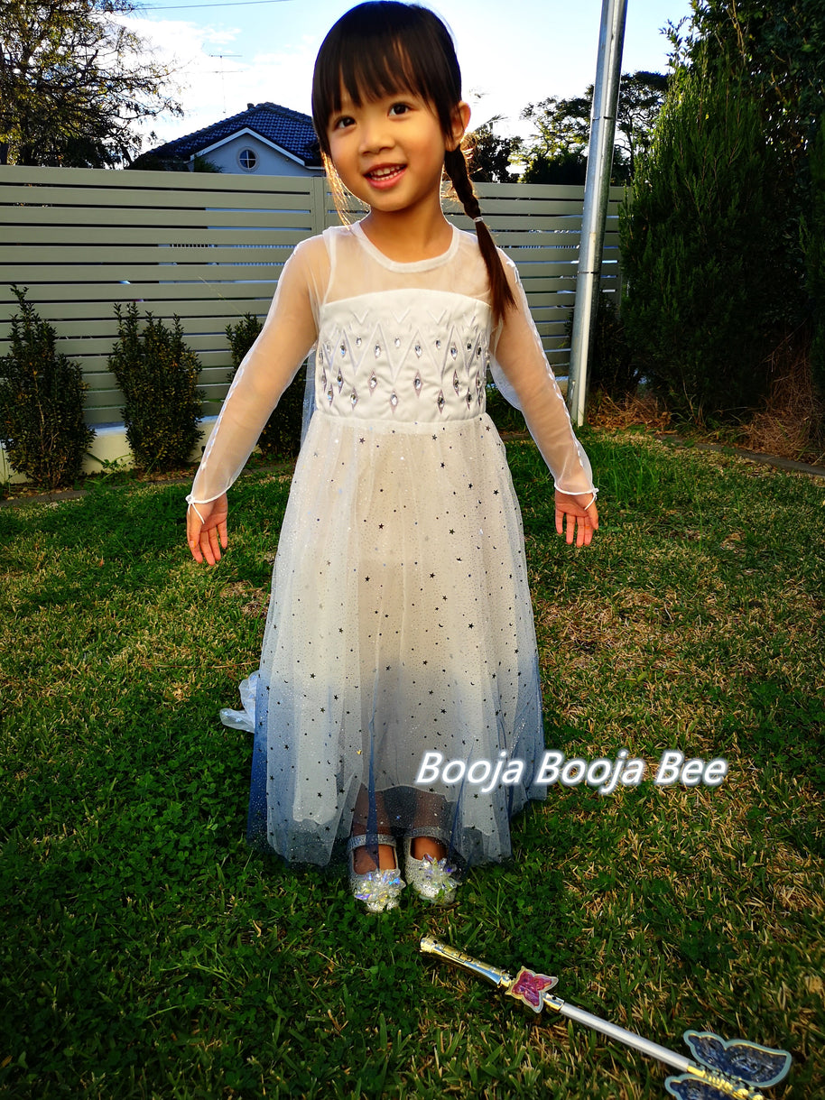 Frozen Elsa white long sleeves costume dress, Princess snowflakes cape themed birthday party