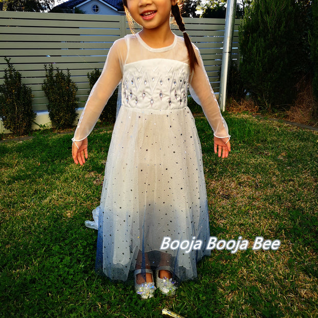 Frozen Elsa white long sleeves costume dress, Princess snowflakes cape themed birthday party