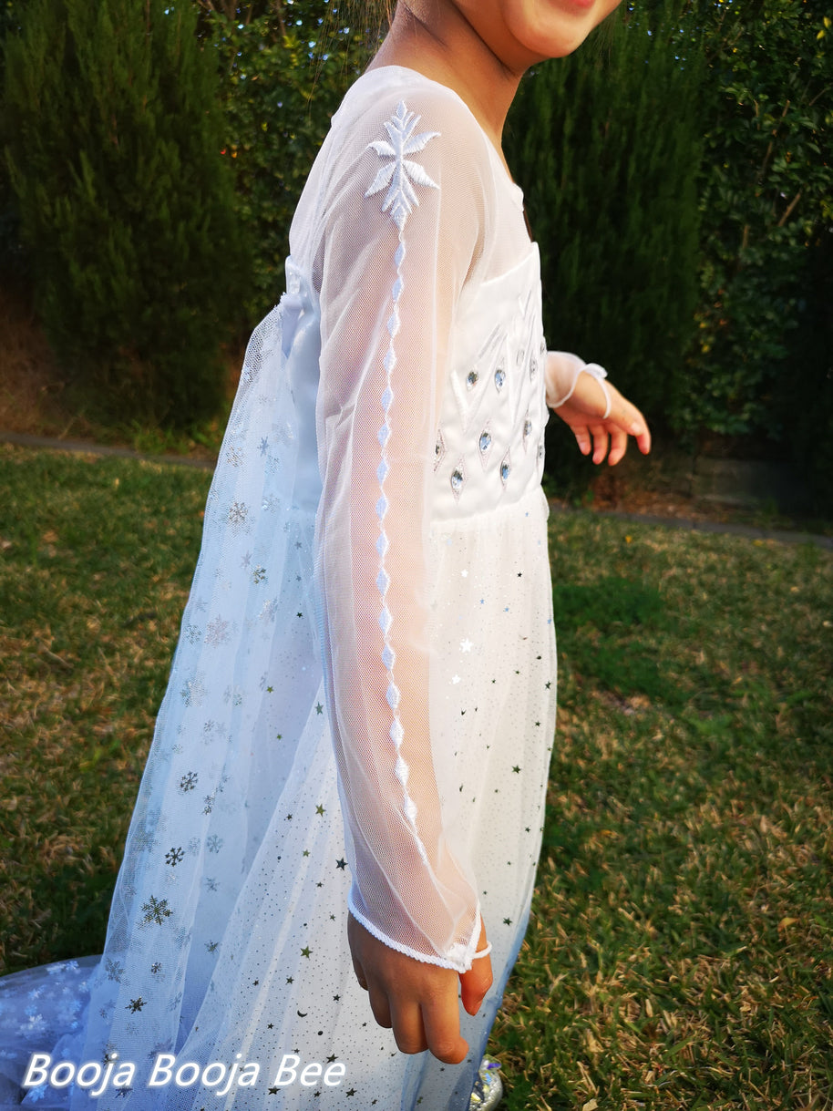 Frozen Elsa white long sleeves costume dress, Princess snowflakes cape themed birthday party