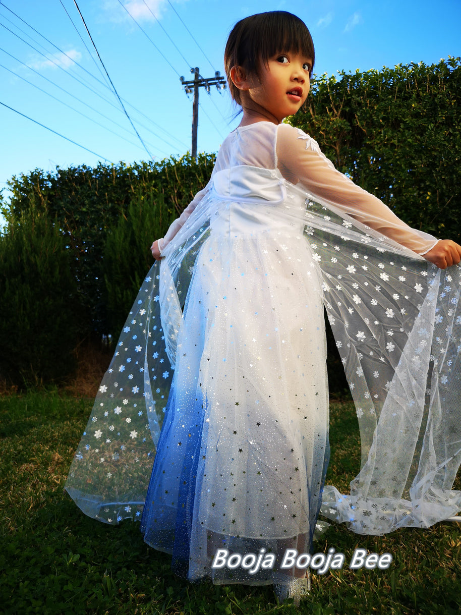 Frozen Elsa white long sleeves costume dress, Princess snowflakes cape themed birthday party