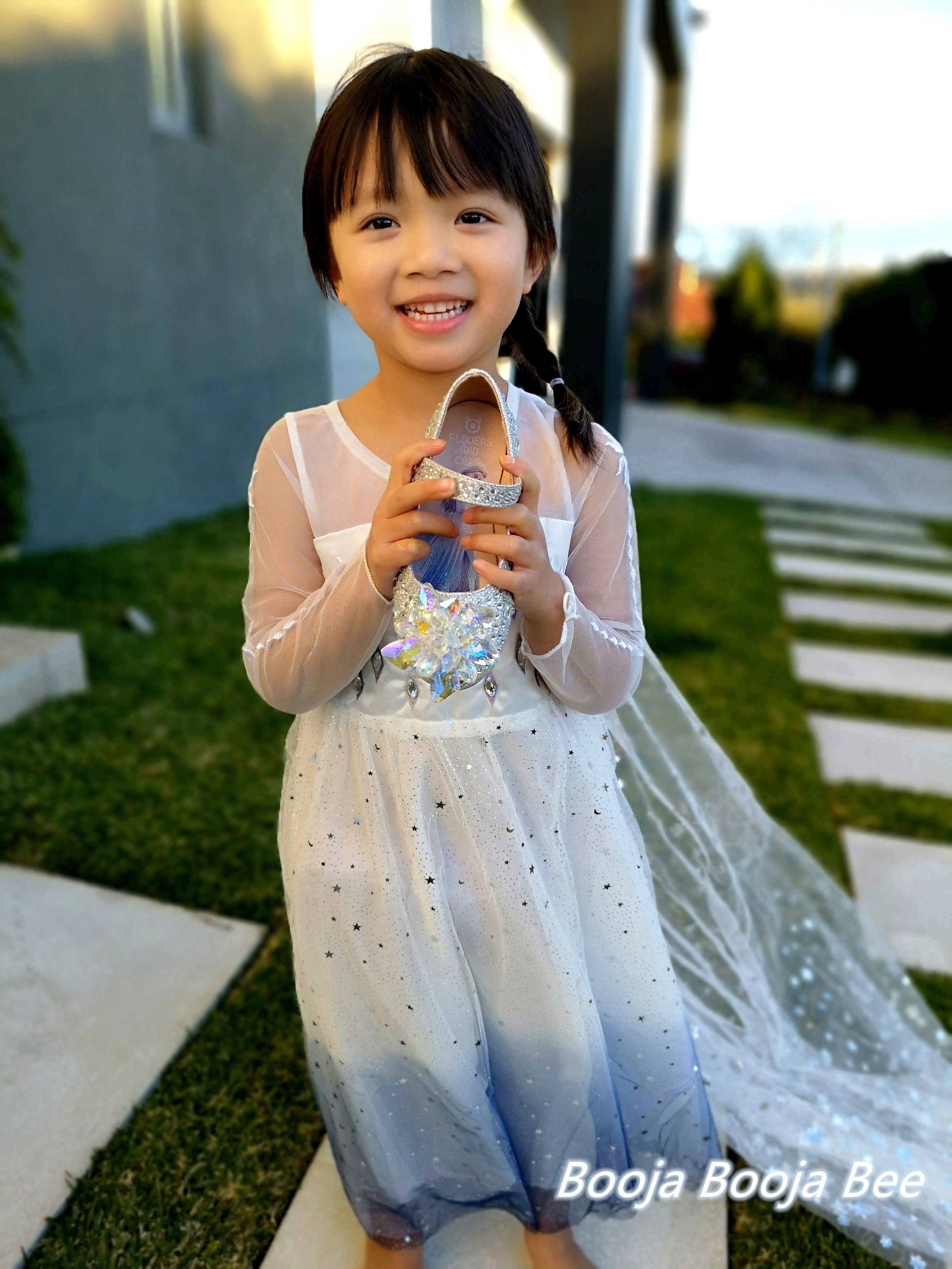 Frozen Elsa white long sleeves costume dress, Princess snowflakes cape themed birthday party