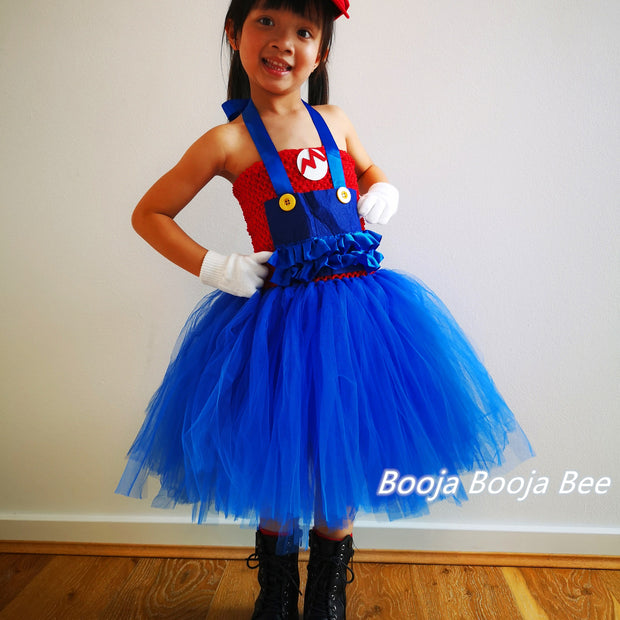 Super Mario Bros inspired tutu girls dress, Halloween kids blue and red costume, Mario and Luigi birthday cosplay party outfits