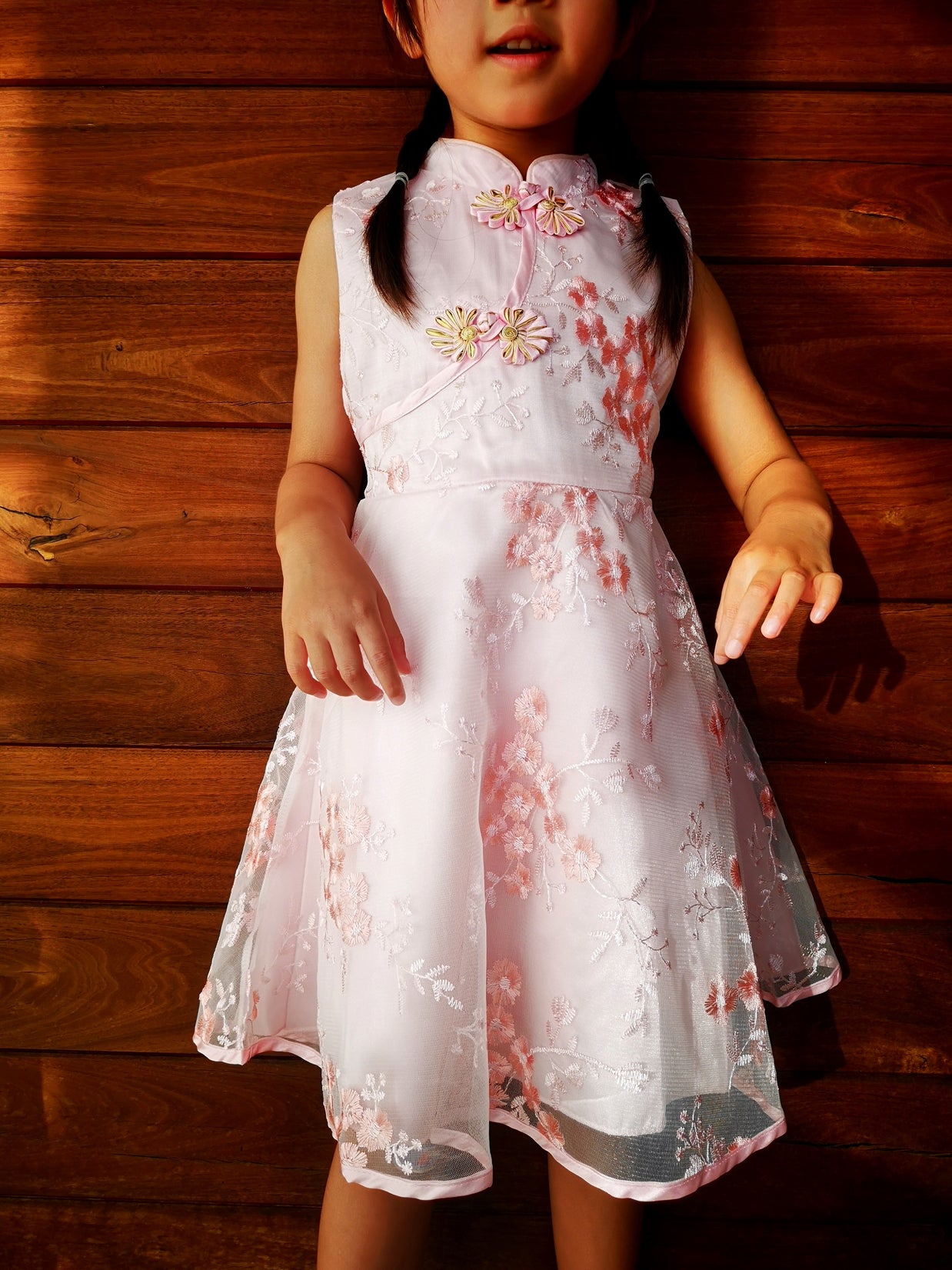 Pink Flower embroidery Chinese Qipao for girls, Cheongsam, Chinese New Year dress for girls