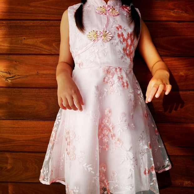 Pink Flower embroidery Chinese Qipao for girls, Cheongsam, Chinese New Year dress for girls