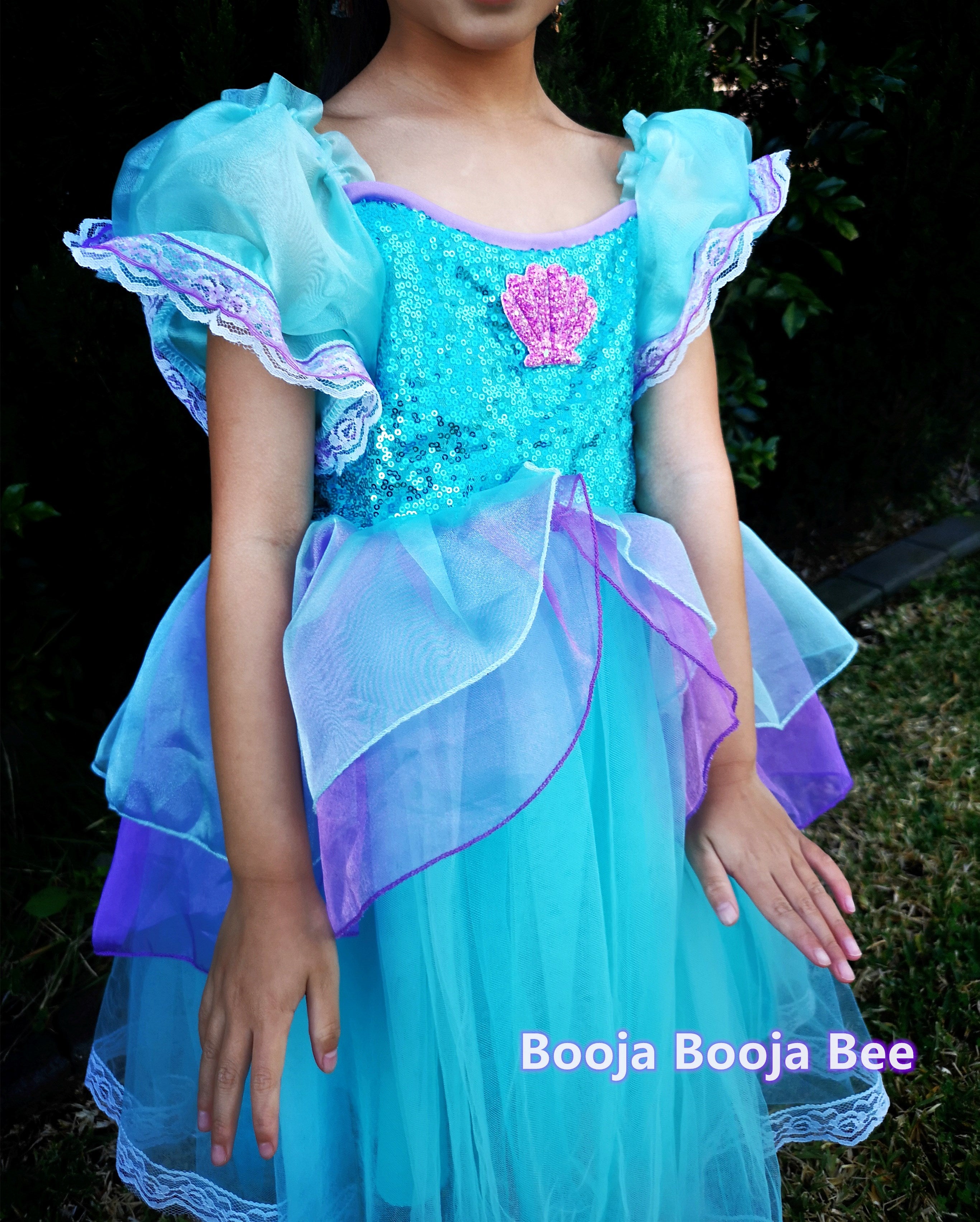 Mermaid maxi blue puff sleeves costumes, Under the sea girls birthday party dress