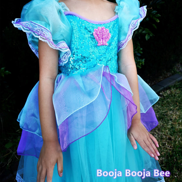 Mermaid maxi blue puff sleeves costumes, Under the sea girls birthday party dress