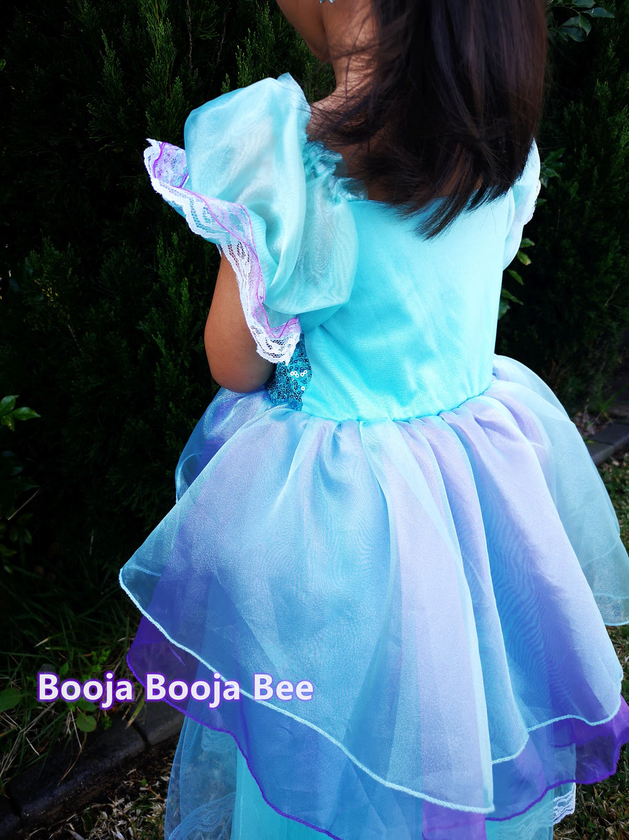 Mermaid maxi blue puff sleeves costumes, Under the sea girls birthday party dress