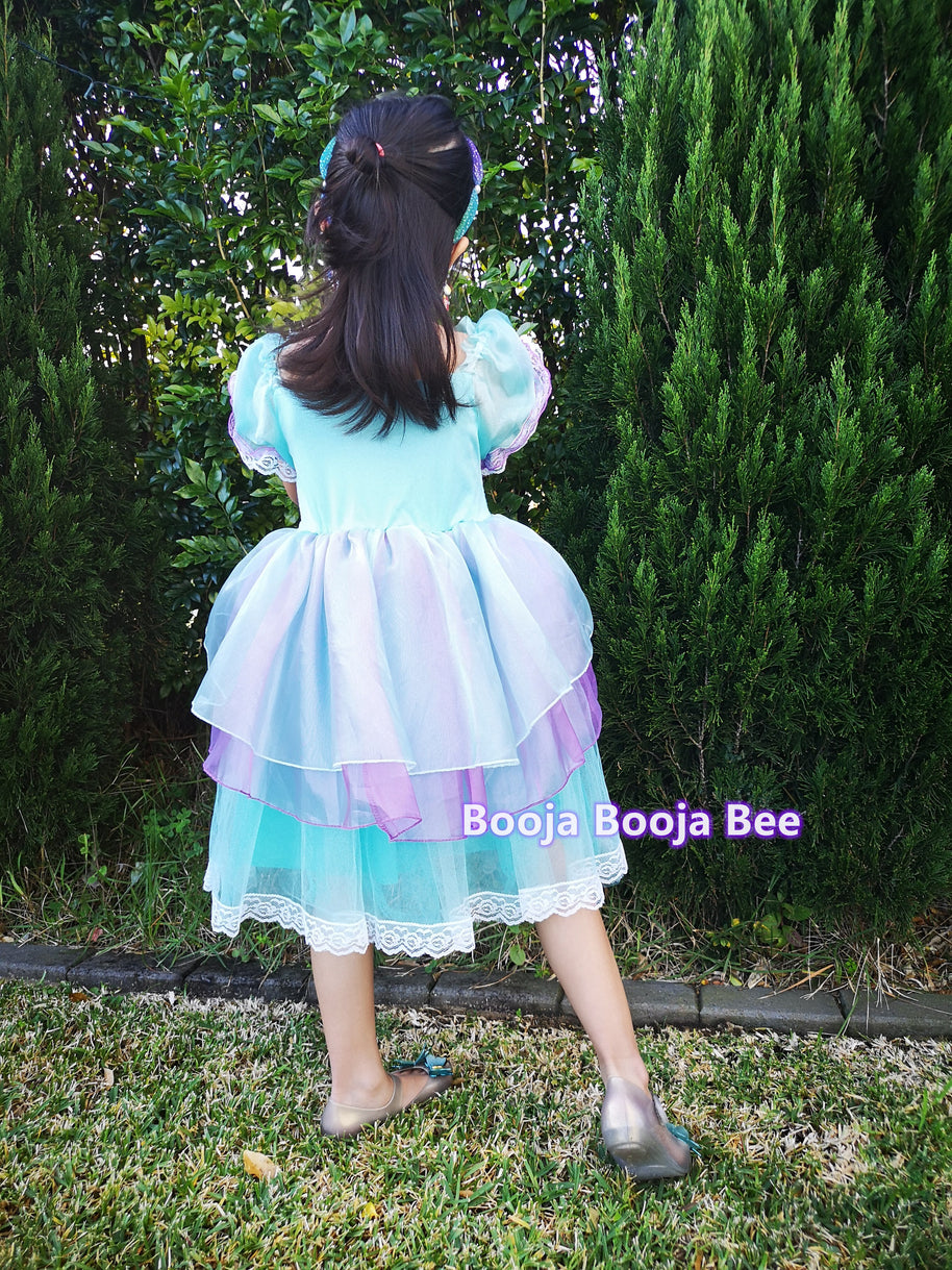 Mermaid maxi blue puff sleeves costumes, Under the sea girls birthday party dress