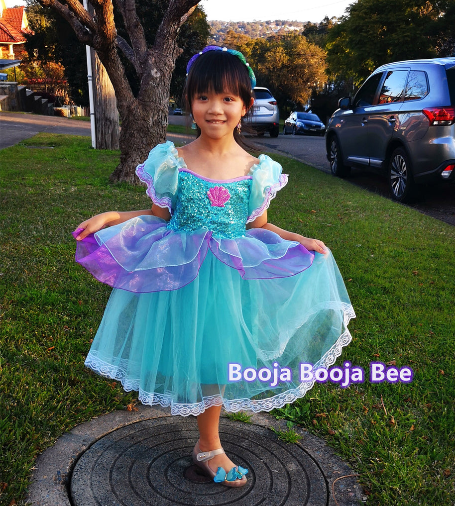 Mermaid maxi blue puff sleeves costumes, Under the sea girls birthday party dress