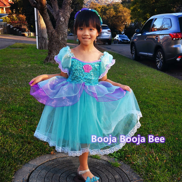 Mermaid maxi blue puff sleeves costumes, Under the sea girls birthday party dress