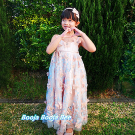 3D Butterflies light beige pink lace dress, A line embroidery girls gown dress