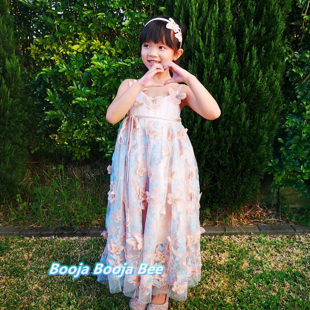 3D Butterflies light beige pink lace dress, A line embroidery girls gown dress