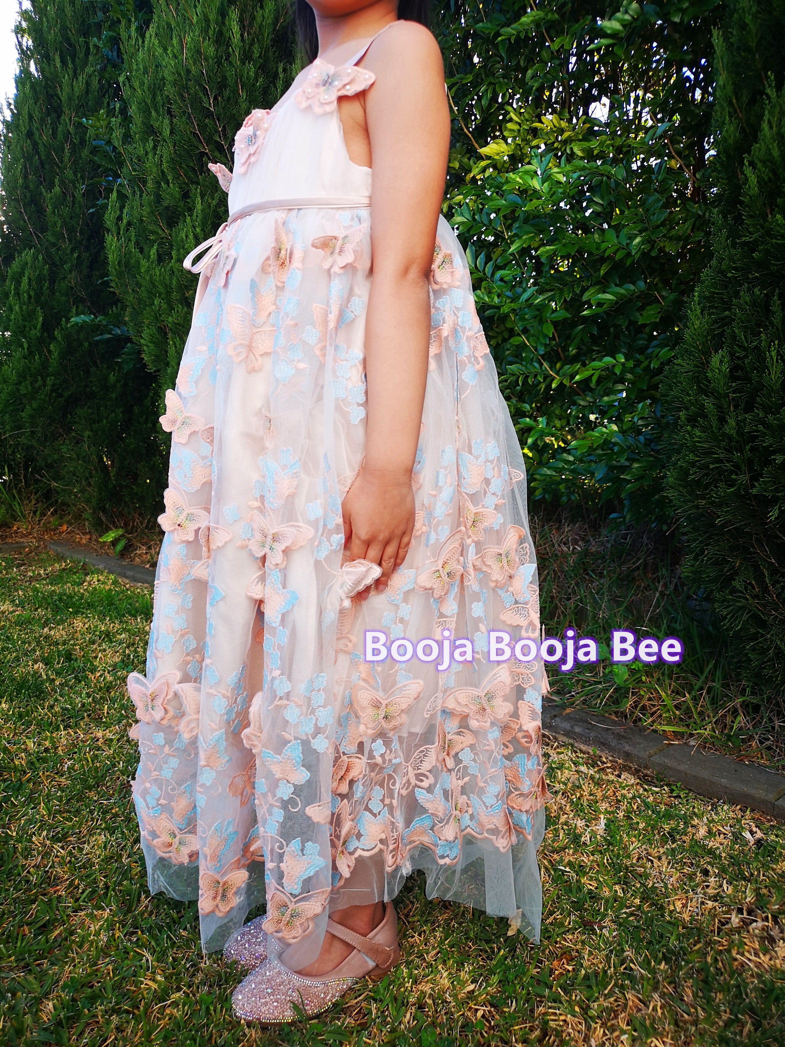 3D Butterflies light beige pink lace dress, A line embroidery girls gown dress