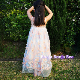 3D Butterflies light beige pink lace dress, A line embroidery girls gown dress