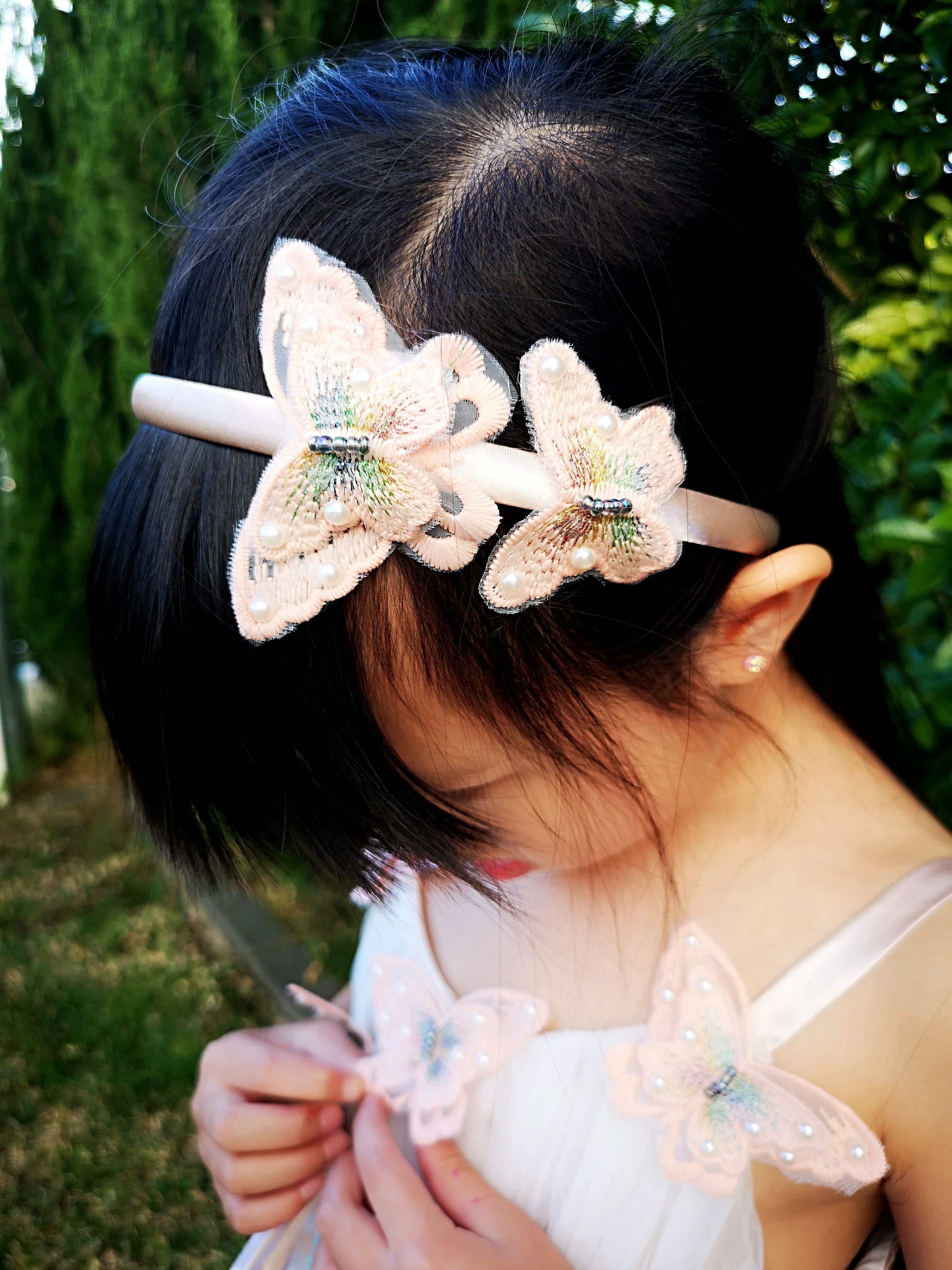 3D Butterflies light beige pink lace dress, A line embroidery girls gown dress