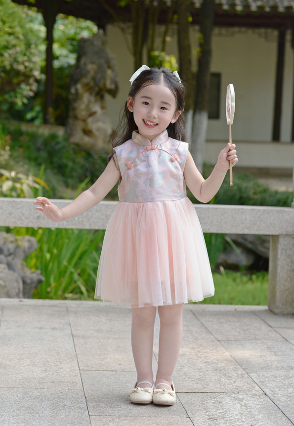 Six palaces beauty sleeveless Qipao girls dress, Pink modern Chinese outfits