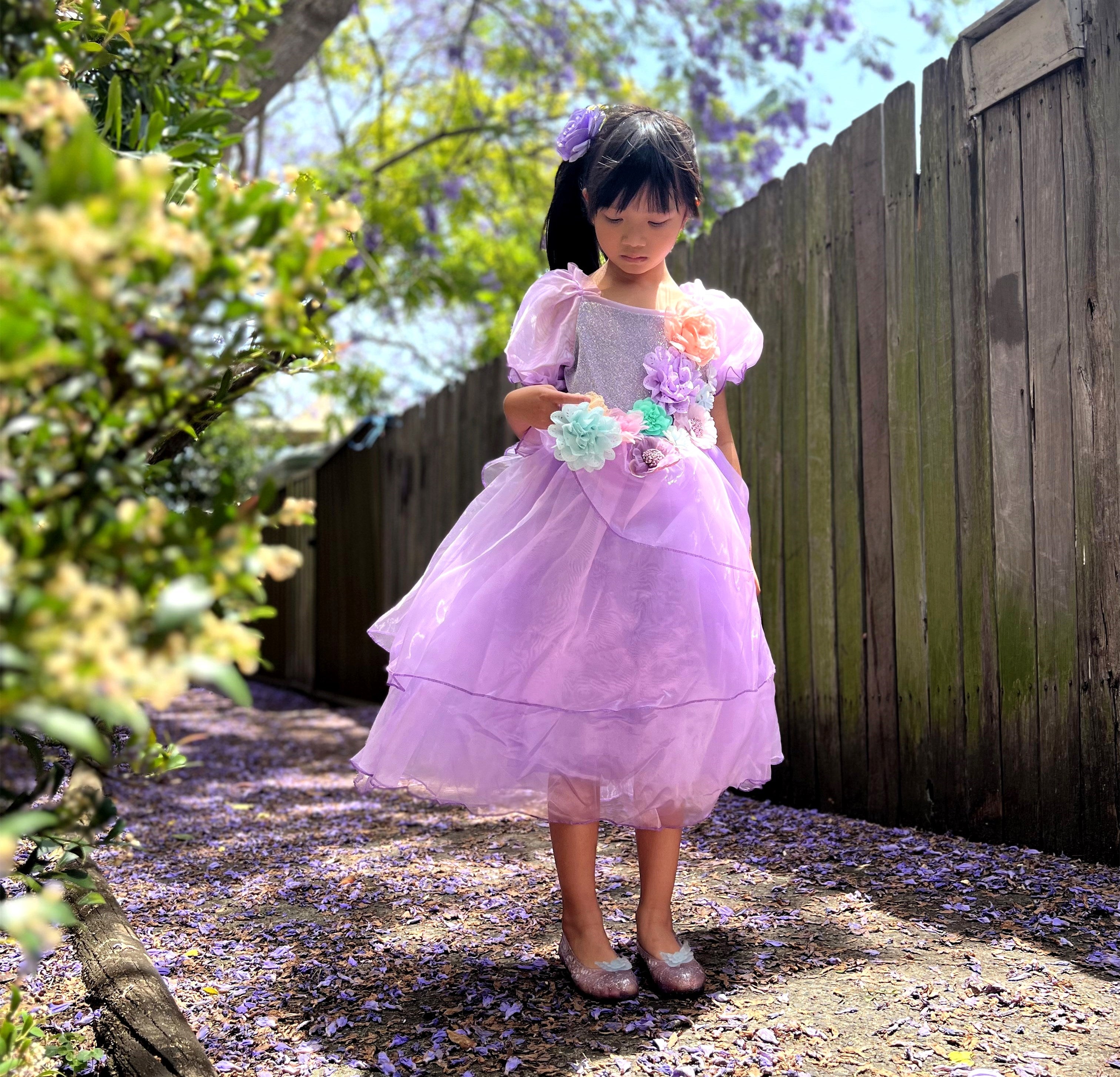 Encanto Isabela purple costume dress, Girls princess cosplay flowers dress