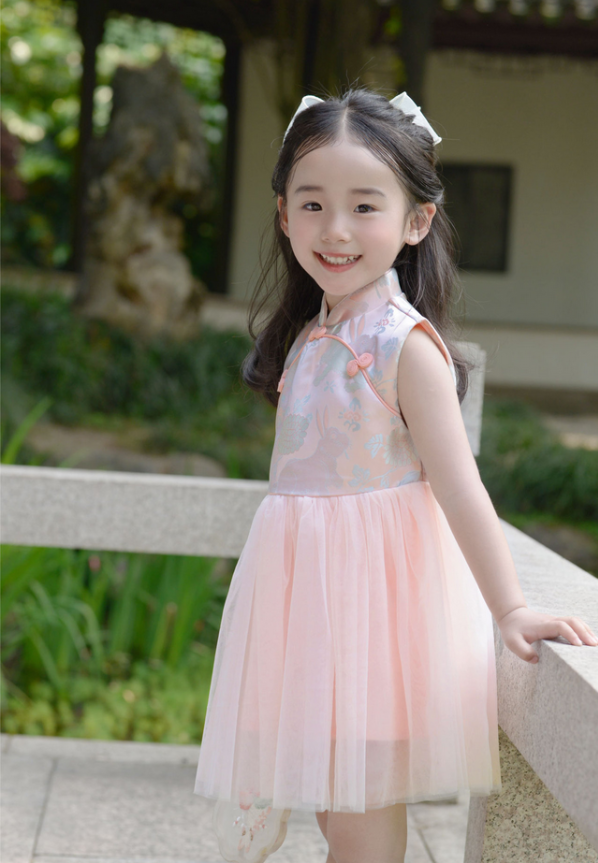 Six palaces beauty sleeveless Qipao girls dress, Pink modern Chinese outfits