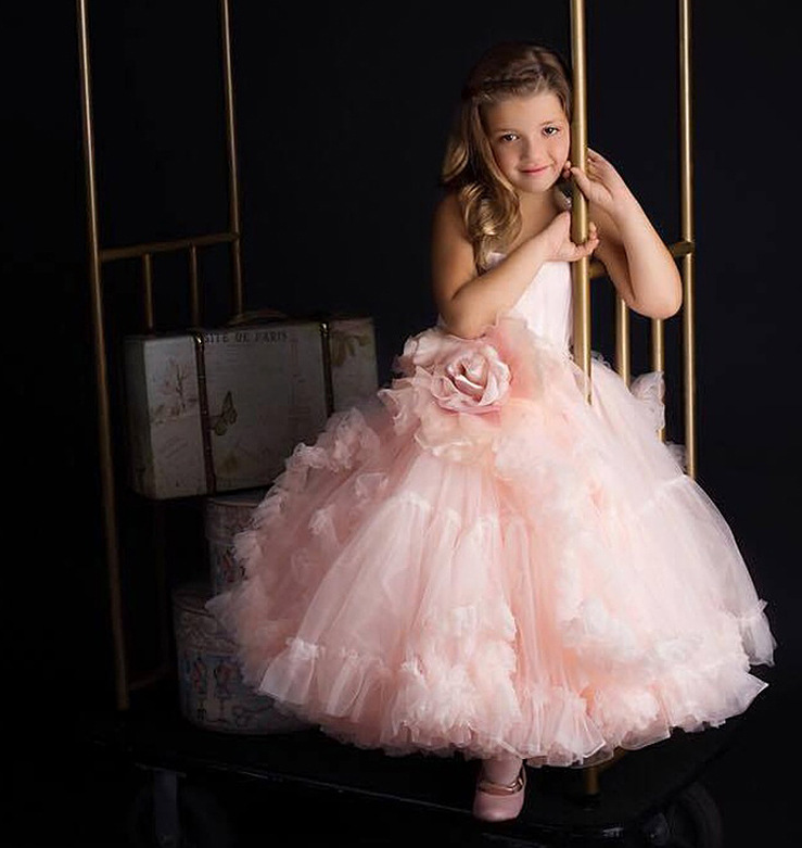 Ruffled fluffy V-neck blush pink girl gown dress, Princess birthday pageant dress