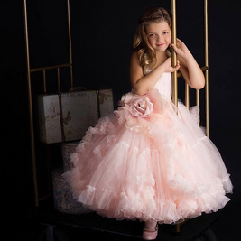 Ruffled fluffy V-neck blush pink girl gown dress, Princess birthday pageant dress