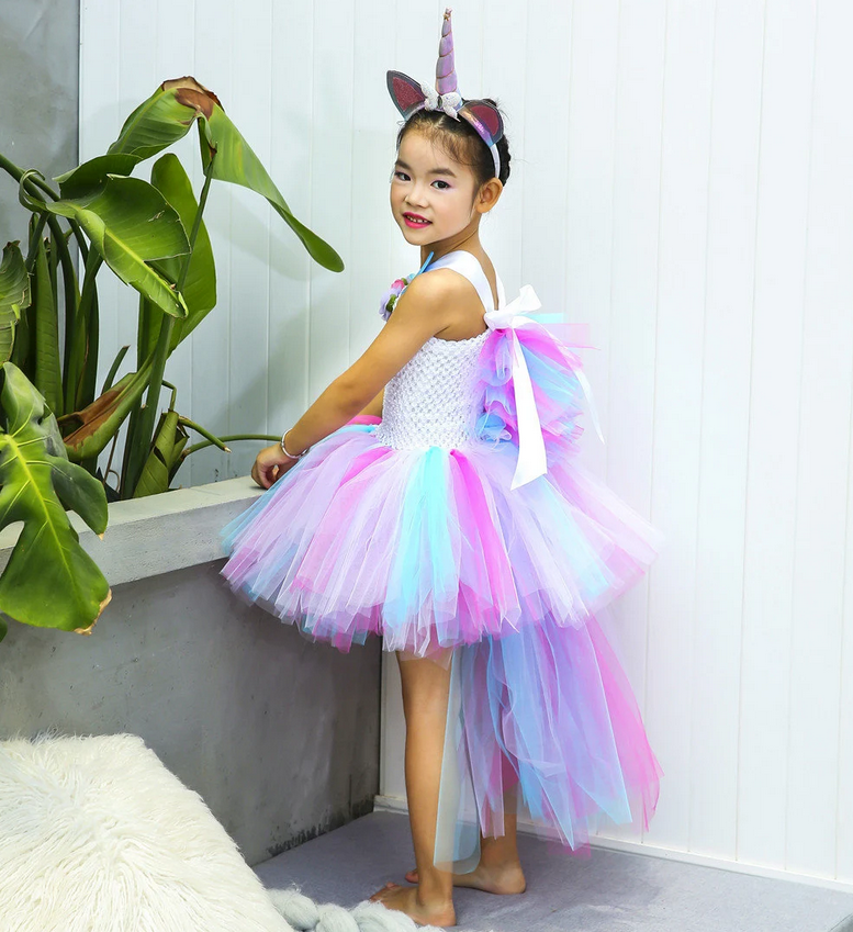 Unicorn fancy high low style tutu dress, Pastel colour girls party outfits set