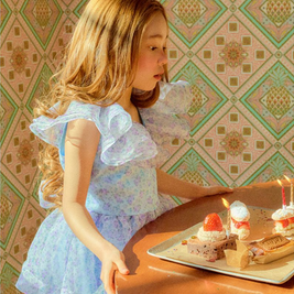 Floral blue ruffles sleeves girls birthday dress