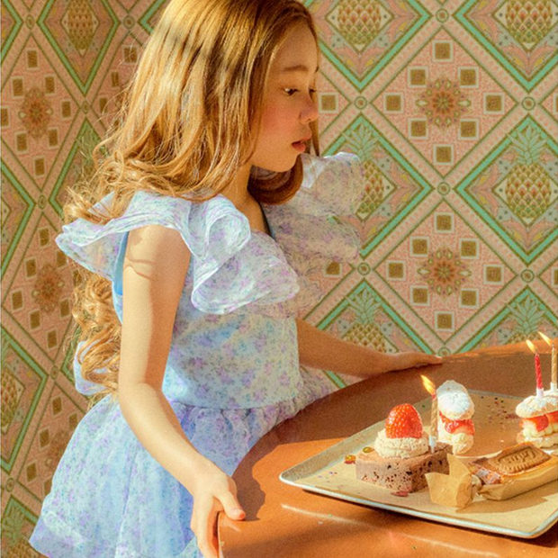 Floral blue ruffles sleeves girls birthday dress