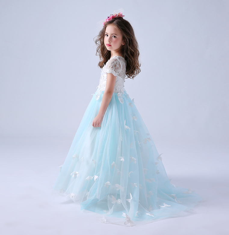 3D white butterflies embroidery blue tulles gown dress