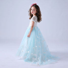 3D white butterflies embroidery blue tulles gown dress