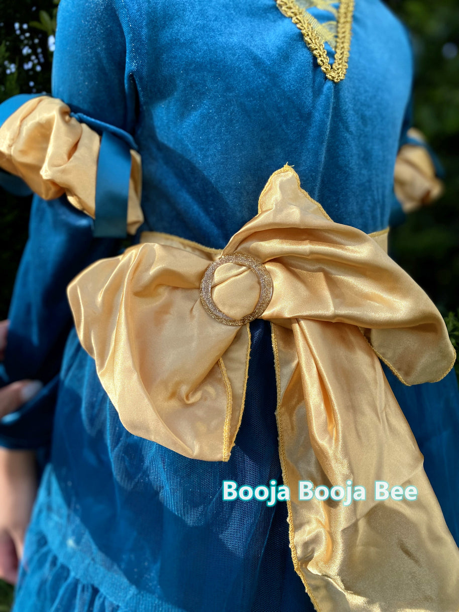 Brave Merida deluxe velvet costume, Princess party dark gold ribbon dress