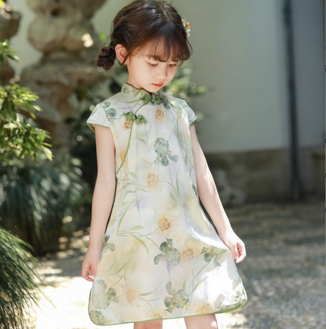 Pastel green floral imitation silk Qipao dress, Chinese traditional kids wear Cheongsam