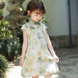 Pastel green floral imitation silk Qipao dress, Chinese traditional kids wear Cheongsam