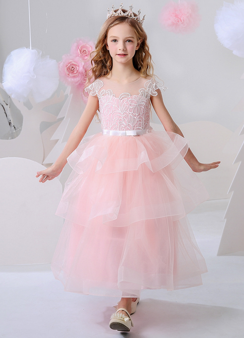 Pink flower girls V-neck lace embroidery princess gown, Girls evening gown