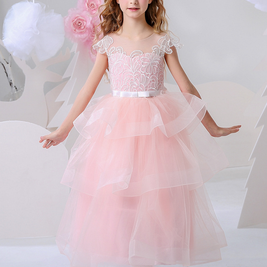 Pink flower girls V-neck lace embroidery princess gown, Girls evening gown