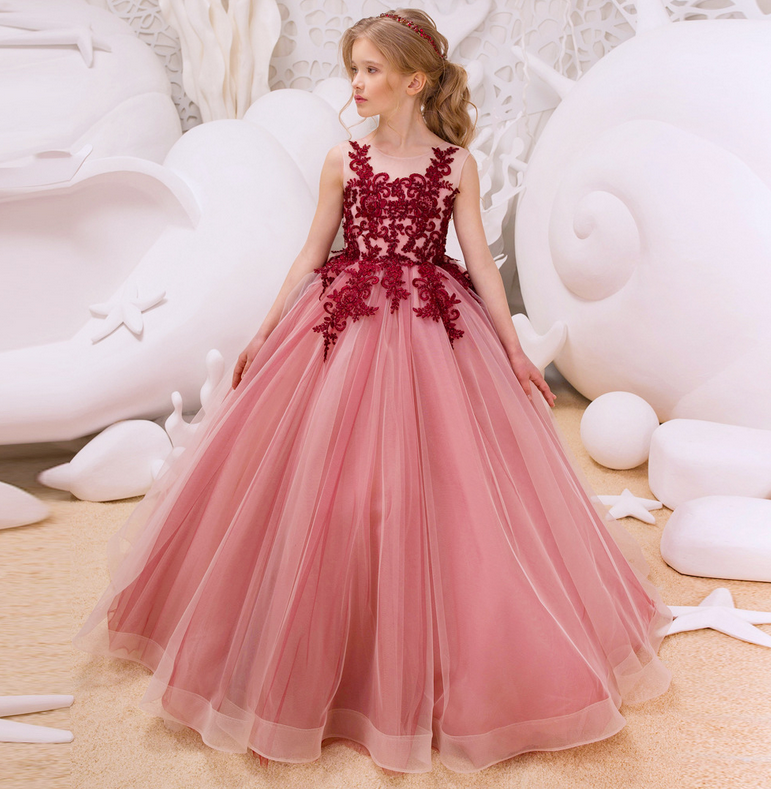 Flower Girl Dress, Flower embroidery gown dress, Princess lace gown dress, tulle dress