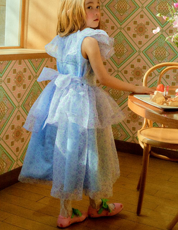 Floral blue ruffles sleeves girls birthday dress