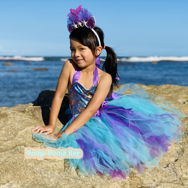 Purple Fish Scale Mermaid Tutu Dress, Sea Party Set for Baby Birthday