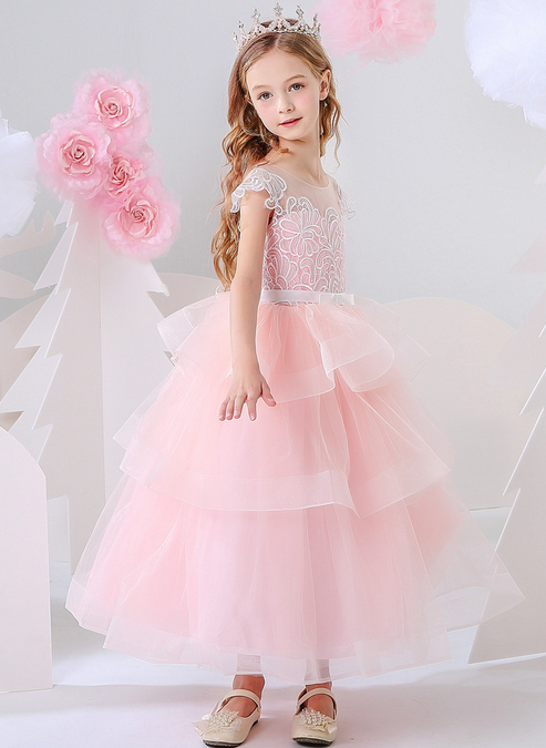 Pink flower girls V-neck lace embroidery princess gown, Girls evening gown