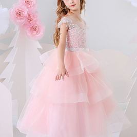 Pink flower girls V-neck lace embroidery princess gown, Girls evening gown