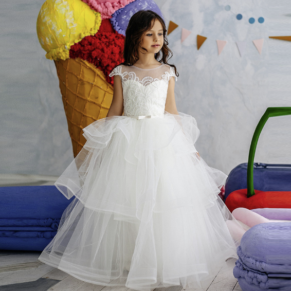 White flower V-neck lace embroidery ball gown, Princess evening dress