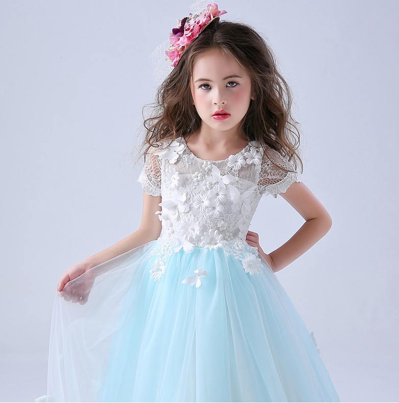 3D white butterflies embroidery blue tulles gown dress