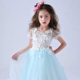 3D white butterflies embroidery blue tulles gown dress